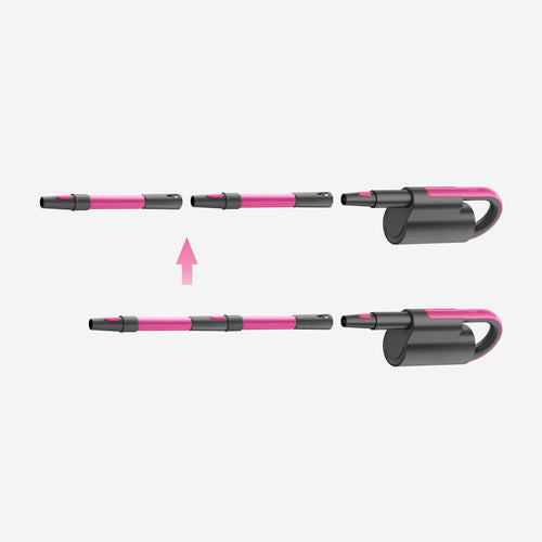 Two pole sections shown separated above and joined below, beside the handheld unit