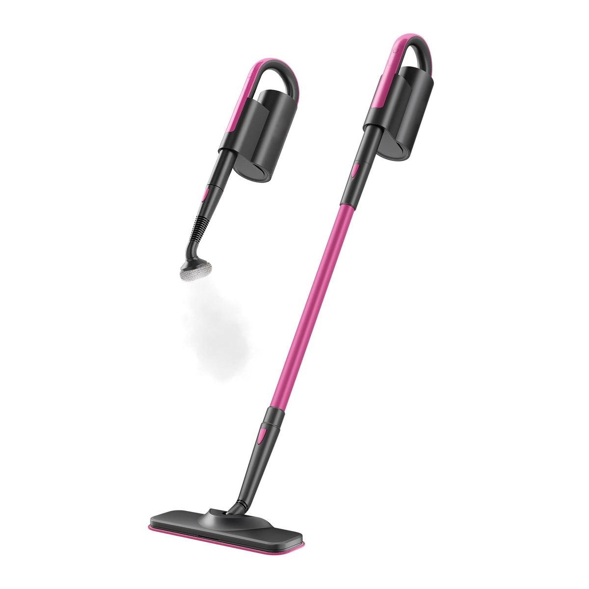 Pink-and-black steam mop in upright and handheld configurations, with a round brush on the handheld unit