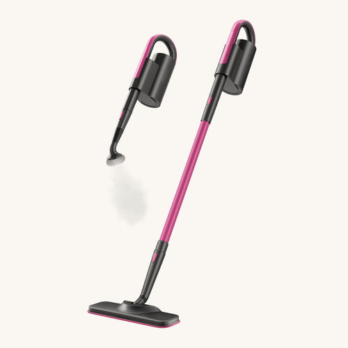 Pink-and-black steam mop in upright and handheld configurations, with a round brush on the handheld unit