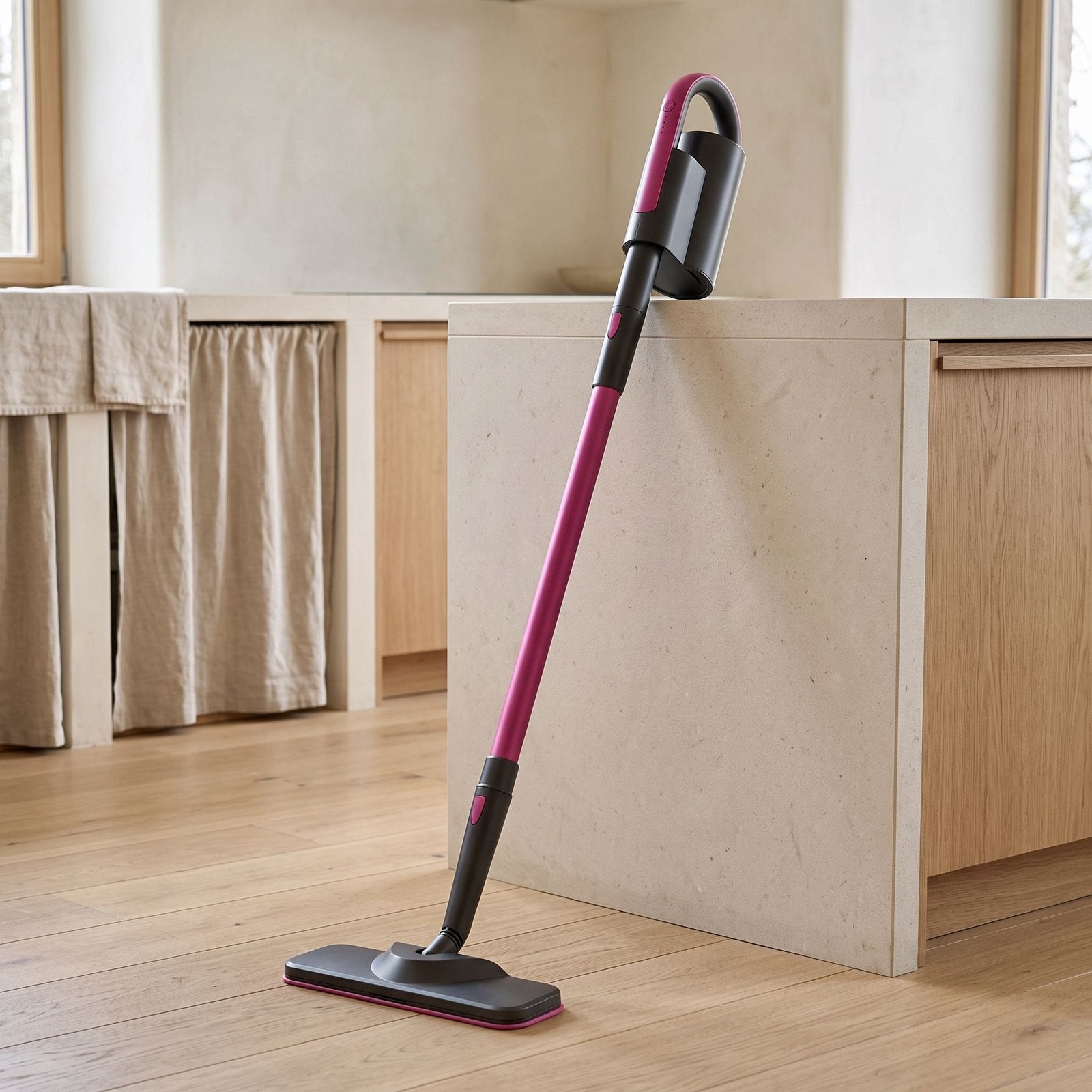Upright steam mop beside oak cabinets and a kitchen counter in an illustrative setting