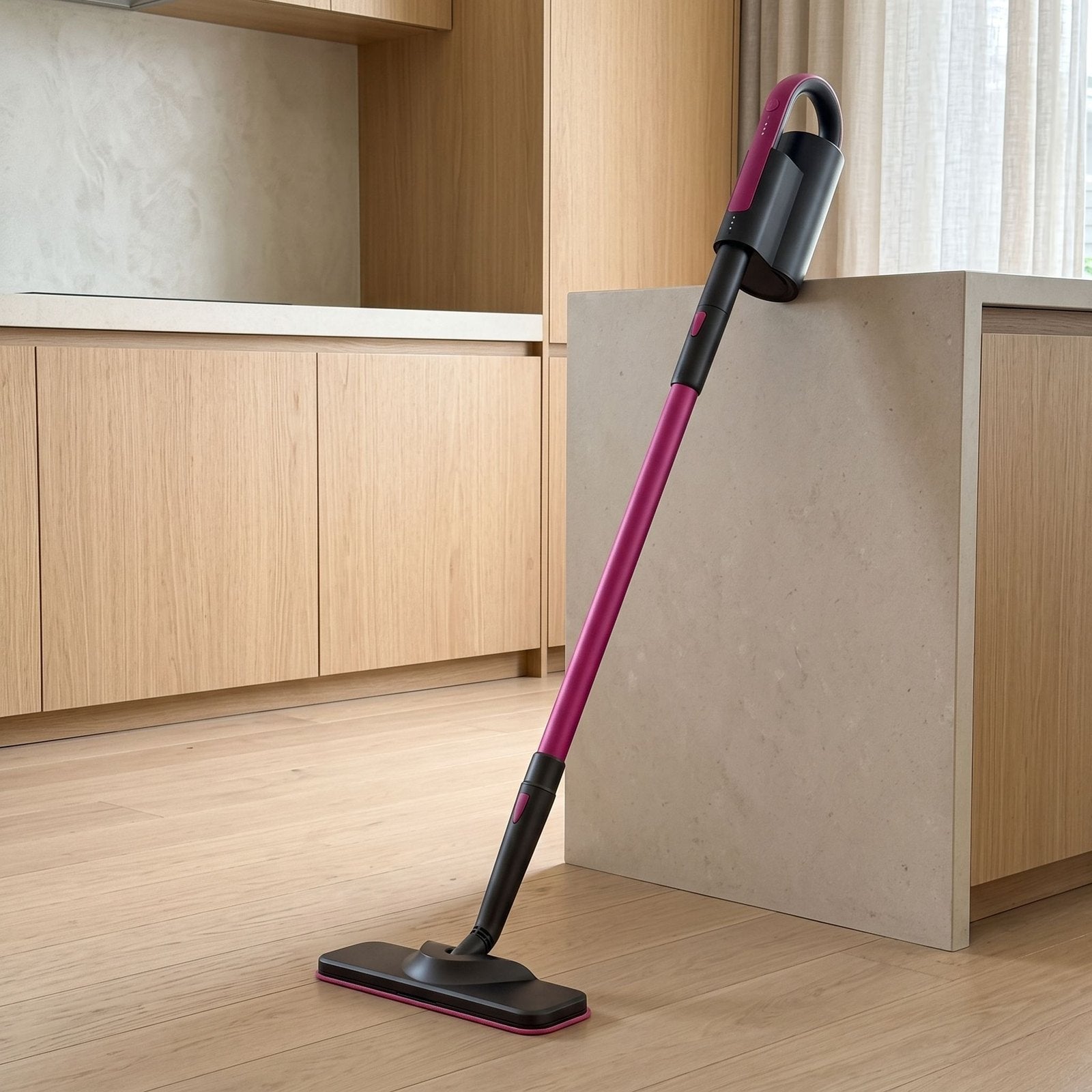 Upright steam mop beside a kitchen island in an illustrative setting